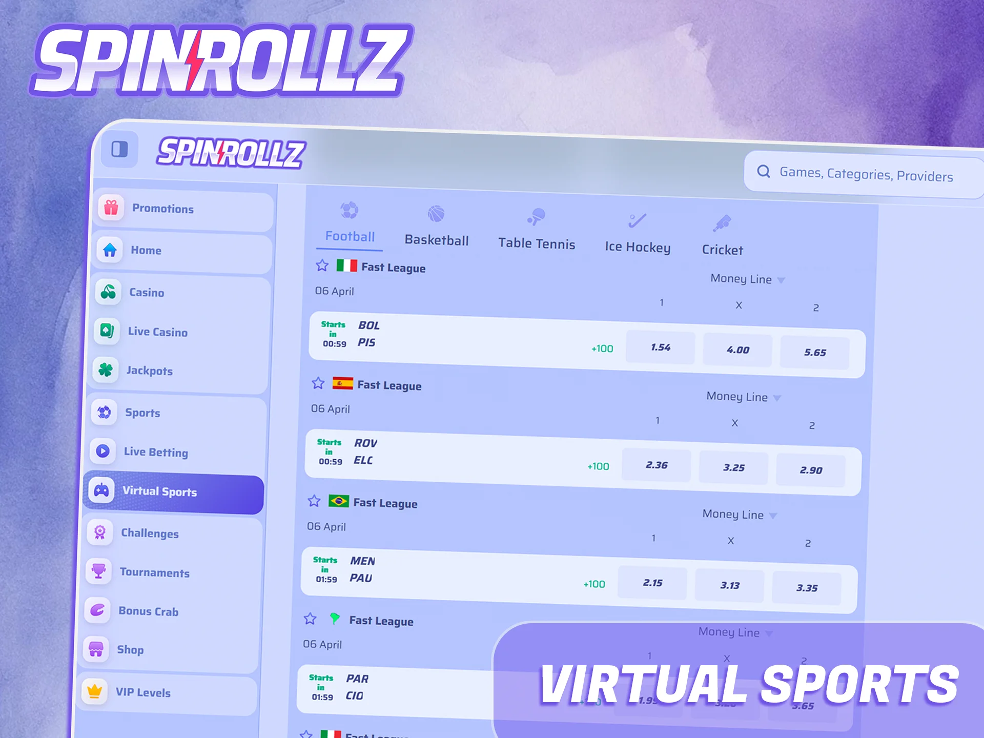 Prueba los deportes virtuales en el sitio web de Spinrollz.